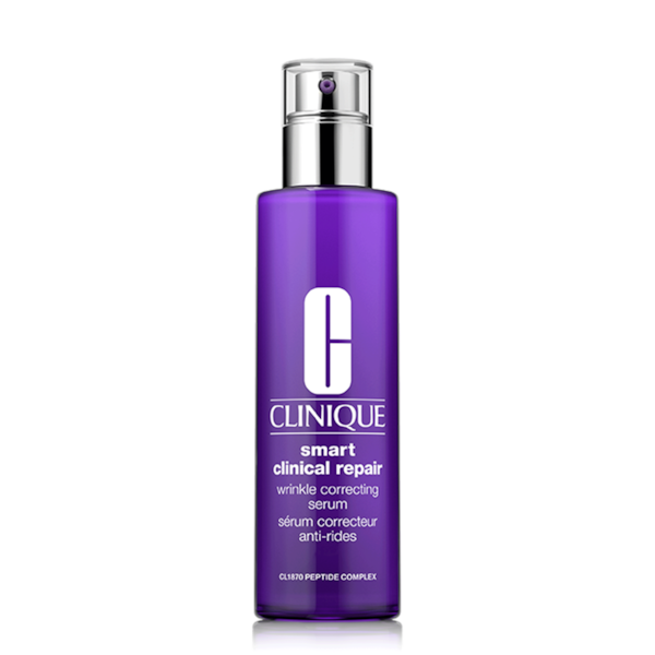 Clinique Smart Clinical Repair™ Sérum de Corrección Antiarrugas, El suero antienvejecimiento más avanzado de Clinique con un 9.5% de péptidos y un 1% de retinoide avanzado. Ayuda a reducir la apariencia de arrugas, a levantar visiblemente, suavizar, reafirmar y aumentar la luminosidad. El 100% muestra líneas y arrugas visiblemente reducidas.*