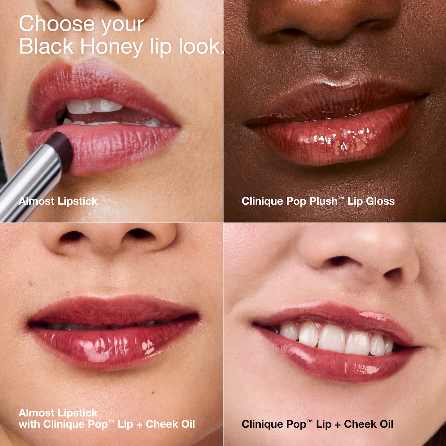 Clinique Pop™ Lip + Cheek Oil in Black Honey, Pink Honey and Nude Honey