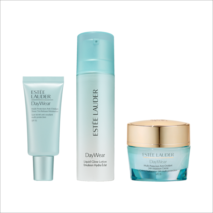 DayWear Glow & Defense Set: Neue Liquid Glow Lotion, 24H-Moisture Creme & Sheer Tint, Product Shot