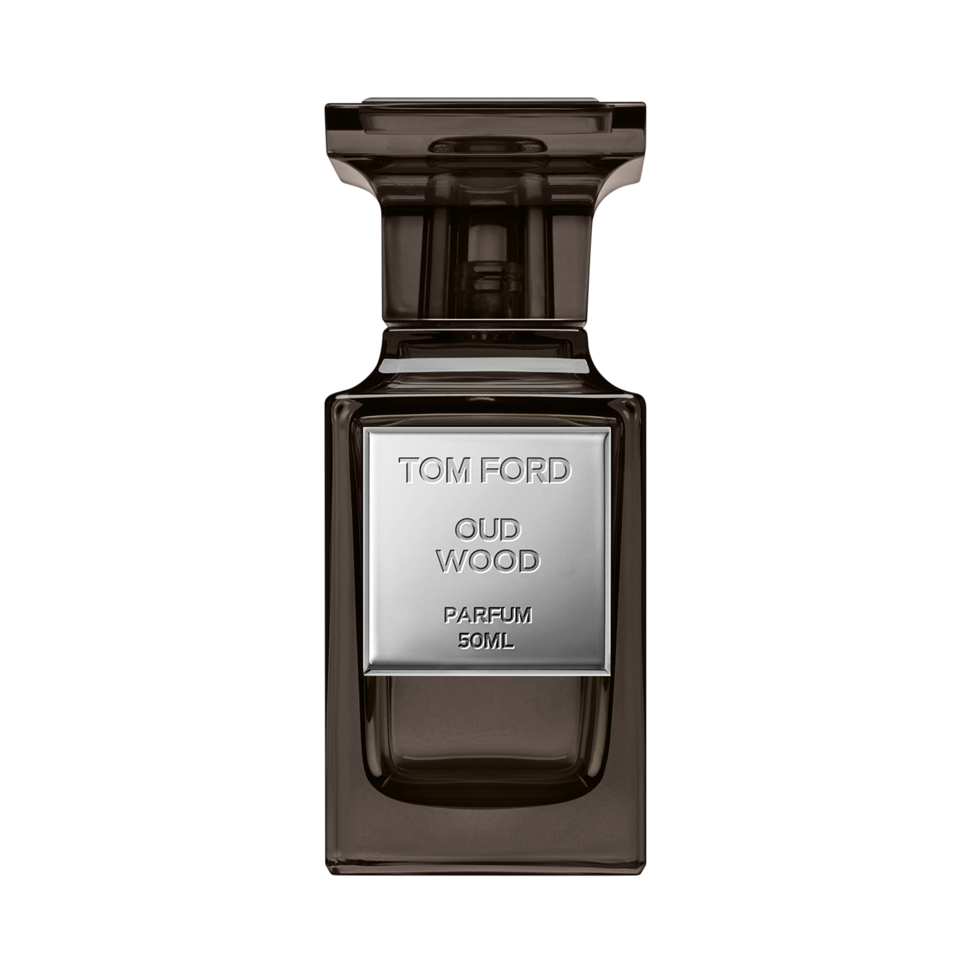 Botol parfum Tom Ford Oud Wood dengan nuansa mewah dan elegan.